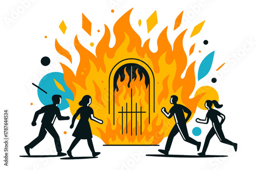 Figures and Fiery Gates. Figures Walking Towards Fiery Gates. Silhouetted figures approaching blazing gates with floating abstract geometric flames and sparks,