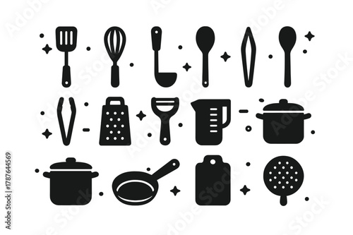 Cooking Utensils Icons. Cooking Utensils. Solid icons set of Cooking Utensils: spatula, whisk, ladle, wooden spoon, tongs, grater, peeler, measuring cup, pot,