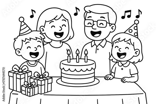 Family Birthday Coloring. Family birthday celebration children?s coloring book illustration, outlined drawing, family gathered around a table singing and