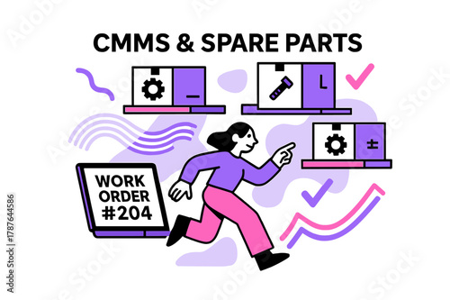 CMMS Spare Inventory Art. CMMS & Spare Parts. Shelves of neatly boxed spares hover like Tetris pieces while a laptop shows ?work order #?. Barcode waves and