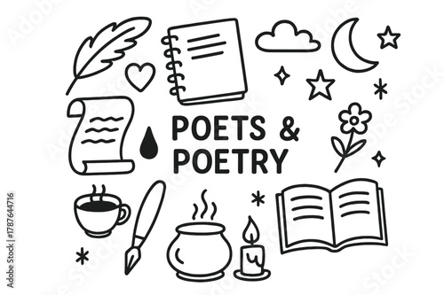Poetry Doodle Elements. Poets and poetry. Hand-drawn doodle illustration poets and poetry quill, notebook, heart, moon, cloud, stars, feather, scroll, ink