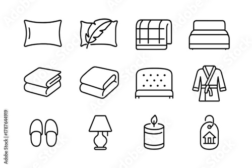 Luxury Bedding Icons. Luxury Bedding. Line icon set of Luxury Bedding: silk pillowcase, feather pillow, comforter, bed runner, high thread sheet, duvet,