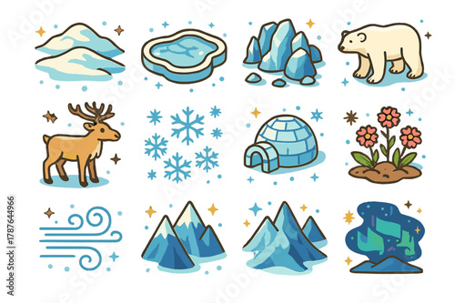 Tundra Isometric Icons. Frozen tundra. Colorful isometric vector icons set of frozen tundra: snow-covered hills, frozen lake, icy rocks, polar bear, reindeer,