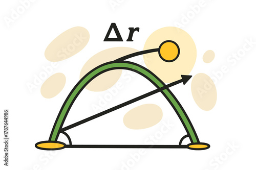 Dynamic Ball Trajectory. Projectile Motion Path. A ball arcs across air while a single vector shows direct displacement between start and landing. ??r? hovers
