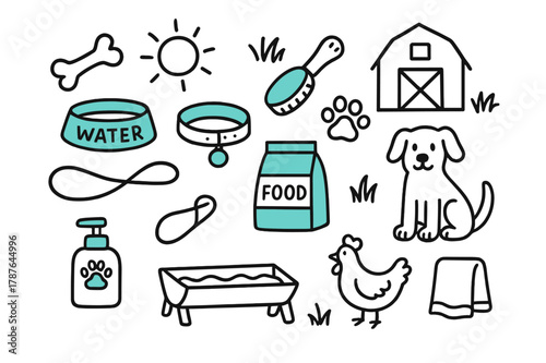 Farm Pet Care Doodles. Pet care on the farm. Hand-drawn doodle illustration pet care on the farm [water bowl (accented), food bag (accented), collar