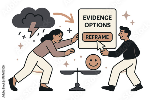 Reframing Thoughts. Thought reframing (CBT). A stormy bubble flips into a balanced card reading ?Evidence / Options?; ?Reframe? arrow clicks into place. A