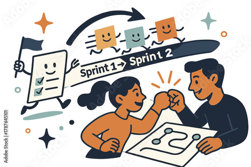 Dynamic Sprint Planning. Skill sprint planning. Sticky notes race along a track labeled ?Sprint > Sprint ?; a checklist waves a tiny flag. Teammates bump fists