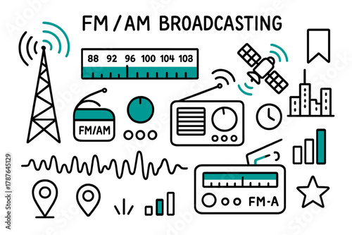 Broadcasting Elements Illustrated. FM/AM broadcasting. Hand-drawn doodle illustration FM AM broadcasting antenna mast (accented), tuner knob, frequency bar