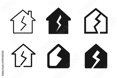 Property Damage Logos. Property damage risk. Set Logo of Property damage risk: house with fracture line. harmonious logo variations of the same emblematic
