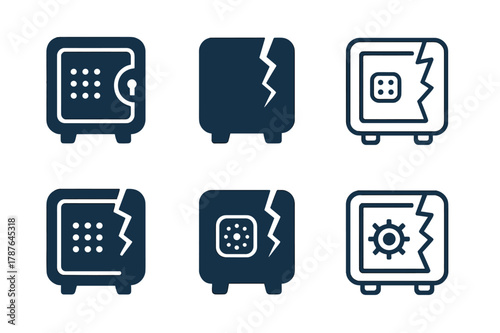 Cybersecurity Logo Variations. Cyber loss risk. Set Logo of Cyber loss risk: data vault with breach. harmonious logo variations of the same emblematic concept,