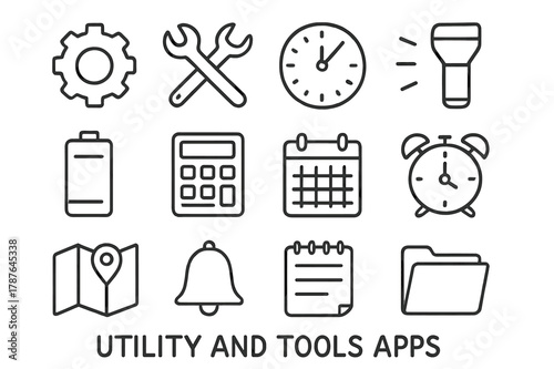 Utility Tools Doodle. Utility and tools apps. Hand-drawn doodle illustration Utility and tools apps gear, wrench, screwdriver, clock, flashlight, battery,