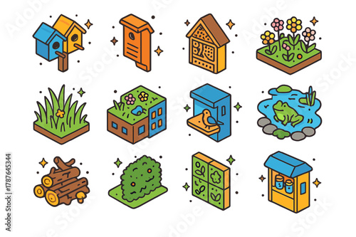 Urban Biodiversity Icons. Urban biodiversity habitats. Colorful isometric vector icons set of Urban biodiversity habitats: birdhouse row, bat roost box, insect