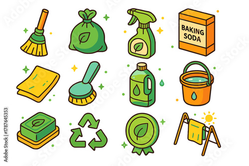 Eco-Friendly Cleaning Icons. Eco-friendly cleaning. Colorful isometric vector icons set of Eco-friendly cleaning: bamboo broom, biodegradable trash bag,