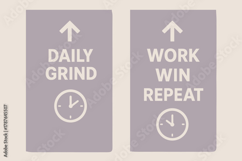 Daily Work Banners. Daily grind. Two vertical A6 banners with safe margins, centered composition, no elements touching edges, minimal, lavender and cream,