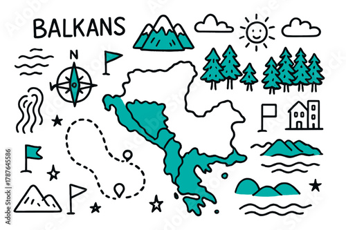 Balkans Geography Doodle. // Balkans geography. Hand-drawn doodle illustration Balkans geography [peninsula map (accented), mountains (accented), coastline