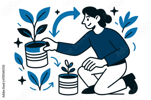 Eco-Friendly Planter Craft. Upcycling and creative reuse of materials. Person making planters from old cans with abstract floating leaves, arrows,