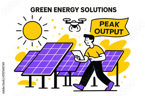 Solar Farm Efficiency. Green Energy Solutions ? Solar Farm. Sunlit panels tilt in a neat grid; a tiny drone inspects rows while a banner says ?Peak Output.?