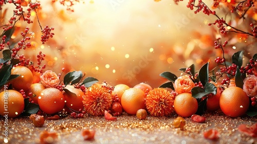 Vibrant Autumn Display with Oranges, Flowers, and Berries in Soft Light