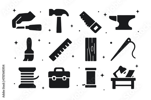 Skilled Work Icons. Skilled Work. Solid icons set of Skilled Work: artisan hand, hammer, chisel, saw, anvil, paintbrush, ruler, wood plank, sewing needle,