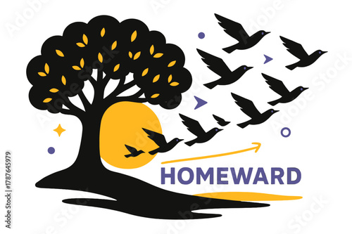 Birds in Flight. Tree & birds silhouette. A lone oak frames the disc of the sun while a flock bursts into V-shaped arrows; ?Homeward? glows near the horizon