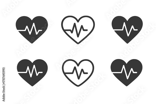 Heart Rate Logos. Heart rate monitoring. Set Logo of Heart rate monitoring: pulse waveform within heart. harmonious logo variations of the same emblematic