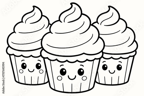 Smiling Cupcake Coloring Page. Cupcakes with frosting swirl children?s coloring book illustration, outlined drawing, three cupcakes with fluffy frosting tops