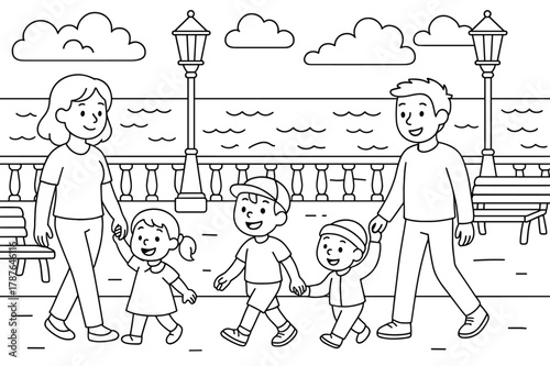 Seaside Promenade Coloring. Seaside promenade children?s coloring book illustration, outlined drawing, families walking along an ocean embankment with benches,