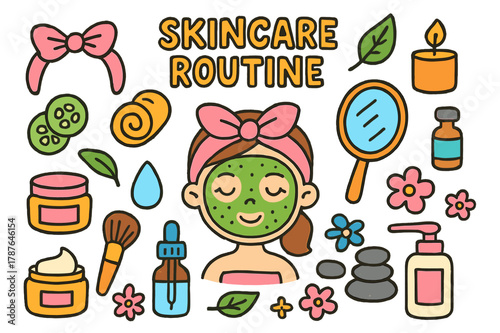 Colorful Skincare Doodle. skincare routine. Colorful Hand-drawn doodle Children illustration skincare routine face mask, cucumber slices, headband, towel,