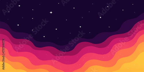Vibrant abstract wavy layers of pink purple and orange against a dark starry night sky