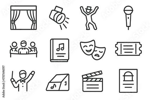 Musical Theater Icons. Musical Theater. Line icon set of Musical Theater: stage curtain, spotlight, dancing actor, microphone, orchestra pit, script book, mask