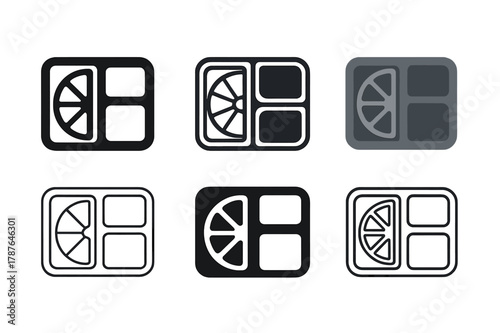 Snack Box Logos. Packing lunch. Set Logo of Packing lunch: Snack box with dividers. Icon set. harmonious logo variations of the same emblematic concept, each