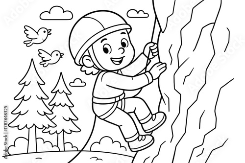 Kids Cliff Climbing. Outdoor cliff climbing children?s coloring book illustration, outlined drawing, happy climber ascending a cliff with trees and birds