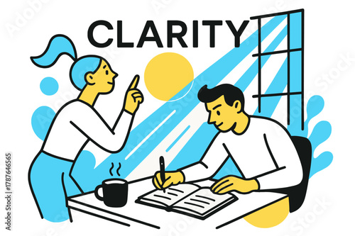 Clarity and Focus. Focus and Energy. Rays stream through a window onto a desk with coffee and notebook; the word ?Clarity? floats in thin type above a glowing