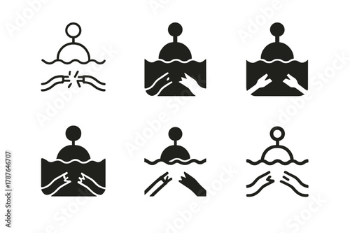 Broken Communication Logos. broken communication lines. Set Logo of broken communication lines: Cut undersea cable buoy marker. Icon set. harmonious logo