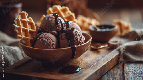 Wooden Bowl with Chocolate Ice Cream and Waffle Slices