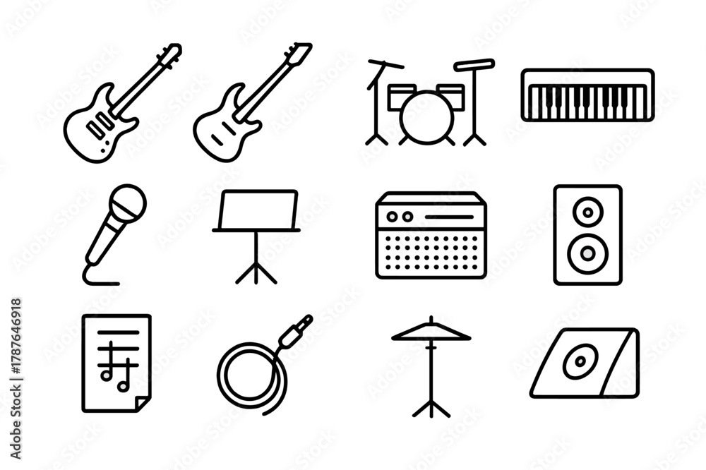 Fototapeta premium Live Band Icons. Live Band. Line icon set of Live Band: electric guitar, bass guitar, drum set, keyboard, microphone, music stand, amplifier, speaker, sheet