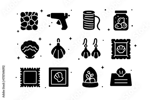 Seashell Craft Icons. Seashell Crafts. Solid icons set of Seashell Crafts: shell mosaic, glue gun, twine, jar of shells, painted shell, shell pendant, shell