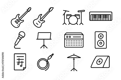 Live Band Icons. Live Band. Line icon set of Live Band: electric guitar, bass guitar, drum set, keyboard, microphone, music stand, amplifier, speaker, sheet