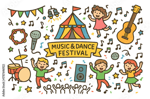 Kids Music Festival. Music and dance festival. Colorful Hand-drawn doodle Children illustration Music and dance festival drums, guitar, microphone, stage