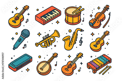 Colorful Musical Icons. musical instruments. Colorful isometric vector icons set of musical instruments: guitars, pianos, drums, violins,
