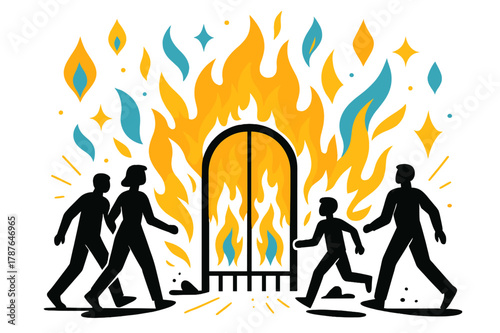 Figures and Fiery Gates. Figures Walking Towards Fiery Gates. Silhouetted figures approaching blazing gates with floating abstract geometric flames and sparks,