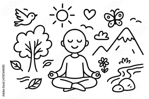 Outdoor Meditation Scene. Meditation outdoors. Hand-drawn doodle illustration meditation outdoors lotus pose figure, mountain, tree, sun, bird, calm face,