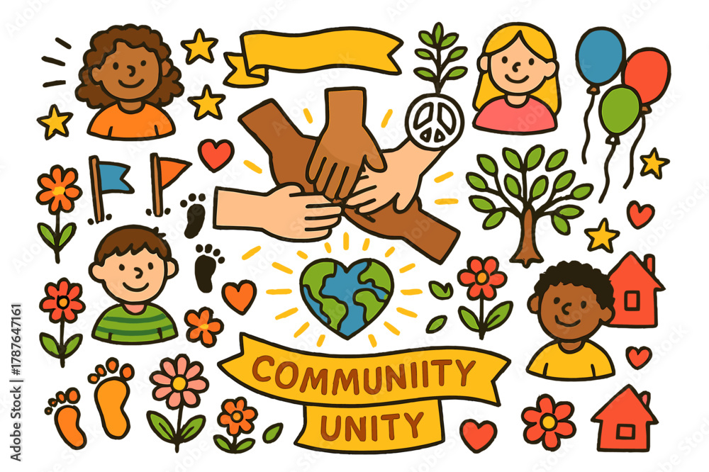 Obraz premium Unity Circle Doodle. Community unity. Colorful Hand-drawn doodle Children illustration Community unity circle of hands, heart globe, tree of peace, banners,