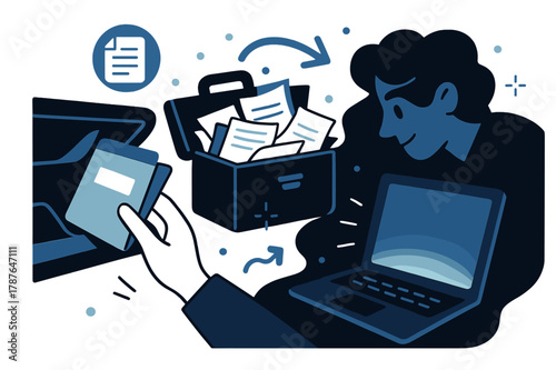 Dynamic Document Search. Glove compartment documents. A hand reaching for a folder, a briefcase overflowing with papers, a laptop screen glowing in the dark.