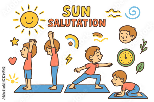 Sun Salutation Yoga. Sun salutation sequence. Colorful Hand-drawn doodle Children illustration Sun salutation sequence yoga poses, stretching arms, bending
