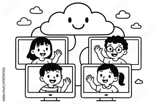 Virtual Classroom Coloring. Virtual classroom children?s coloring book illustration, outlined drawing, students waving from different screens connected through