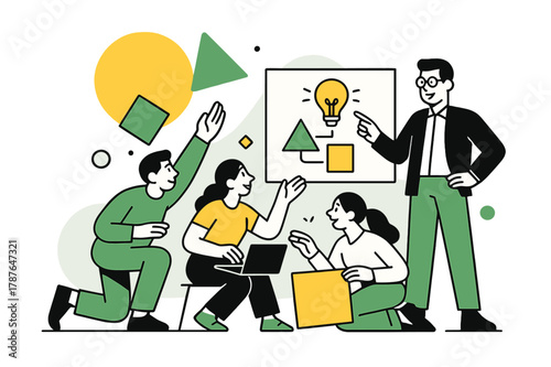 Creative Project Collaboration. Team Leaders Guiding Teams in Creative Projects. Leader presenting project ideas on a screen with team members collaborating