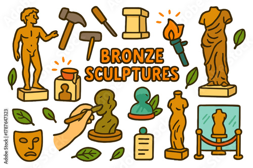 Bronze Sculpture Icons. Bronze sculptures. Colorful Hand-drawn doodle Children illustration Bronze sculptures statue, artist hammer, chisel, base pedestal,