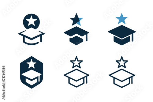 Guiding Star Logos. Mentorship and scholarships. Set Logo of Mentorship and scholarships: guiding star over graduation cap. harmonious logo variations of the