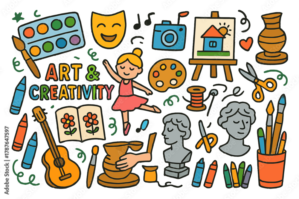 Fototapeta premium Creative Arts Doodles. Art and Creativity. Colorful Hand-drawn doodle Children illustration Art and Creativity, paints, brushes, canvases, cameras, music,